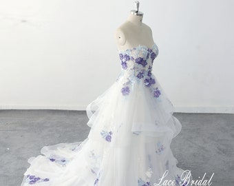 Purple Rose Lace Wedding Dress Colorful Wedding Dress Romantic Wedding Dress Spaghetti Strap Wedding Dress