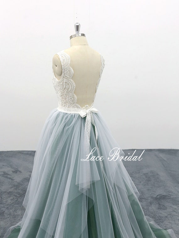 Ivory Lace Wedding Dress, Dark Green Tulle Ball Gown, Open Back Ivory Lace Wedding Dress, Dark Green Tulle Ball Gown, Open Back