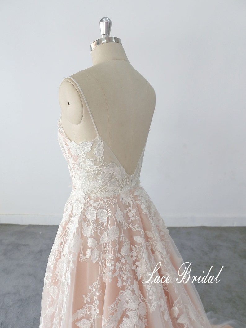 Wedding Dress lace wedding dress V Neckline wedding dress, Wedding Dress with Flora Lace Skirt, Open Back Wedding Dress blush wedding dress image 6