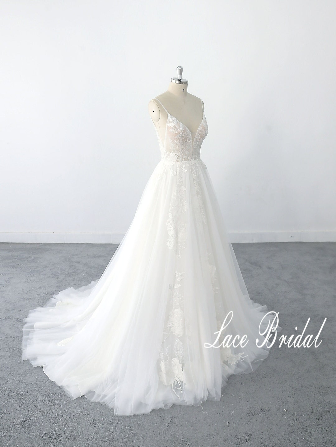 Vestido de novia de encaje de tul fluido romántico, vestido de