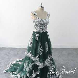 Lace Wedding Dress, A-line Dark green Tulle Lace Wedding Dress, Boho Wedding Gown with Corset Top