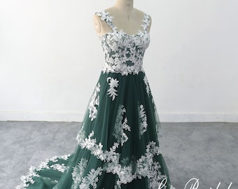 Lace Wedding Dress, A-line Dark green Tulle Lace Wedding Dress, Boho Wedding Gown with Corset Top