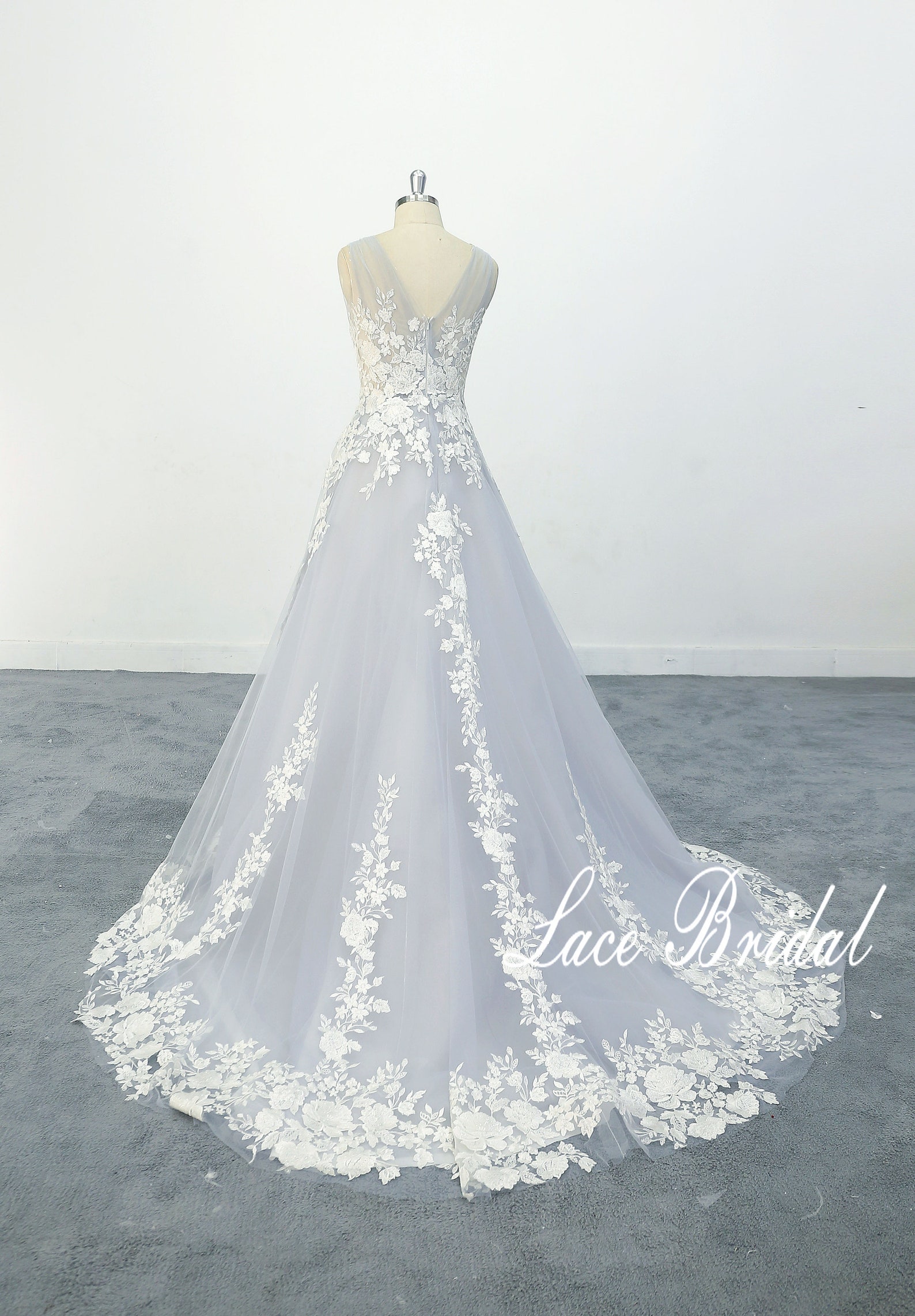 Light Blue Boho Wedding Dress With Floral Lace Applique V Back Etsy