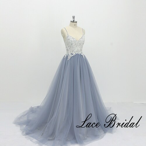 Light Blue Boho Wedding Dress With Floral Lace Applique V Back Etsy