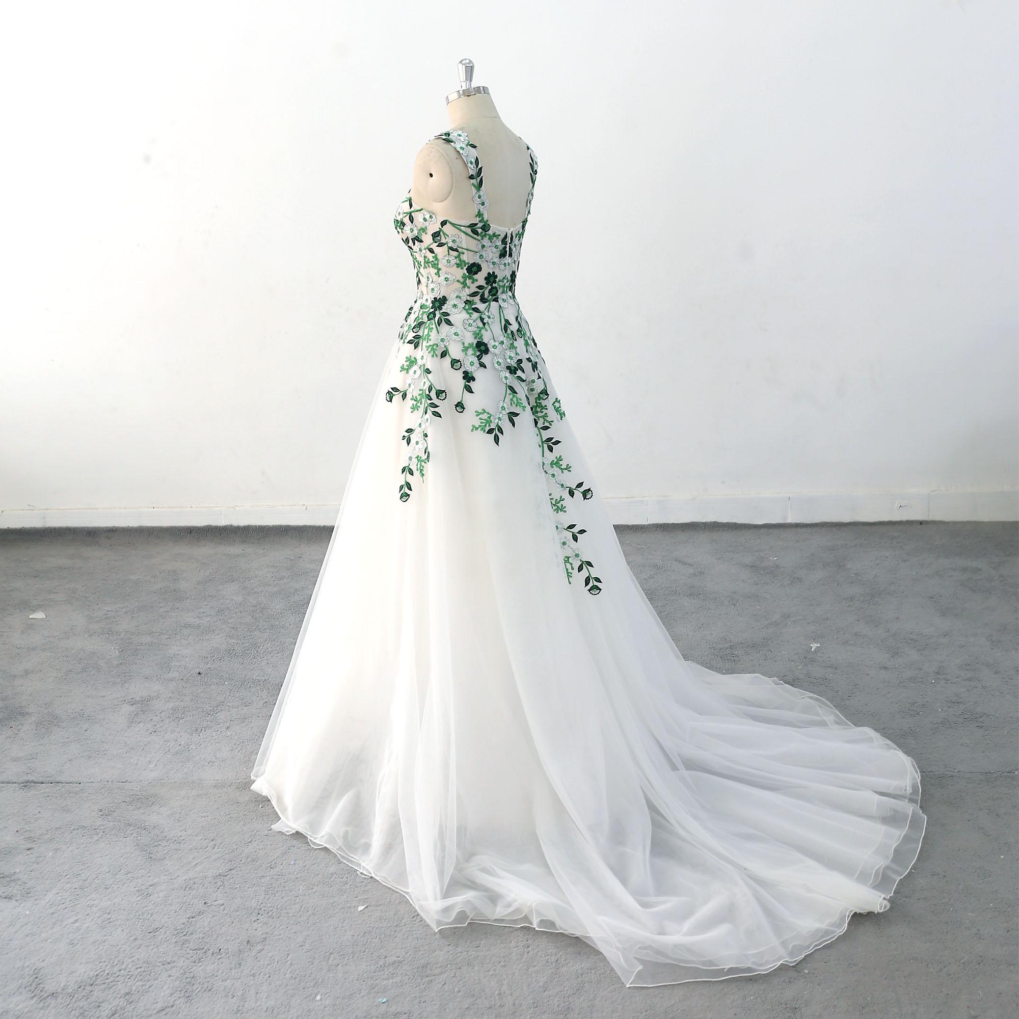 green enchanted dress Garden Wedding Forest Floral Lace Double-Strap Bridal Gown Free Shipping US