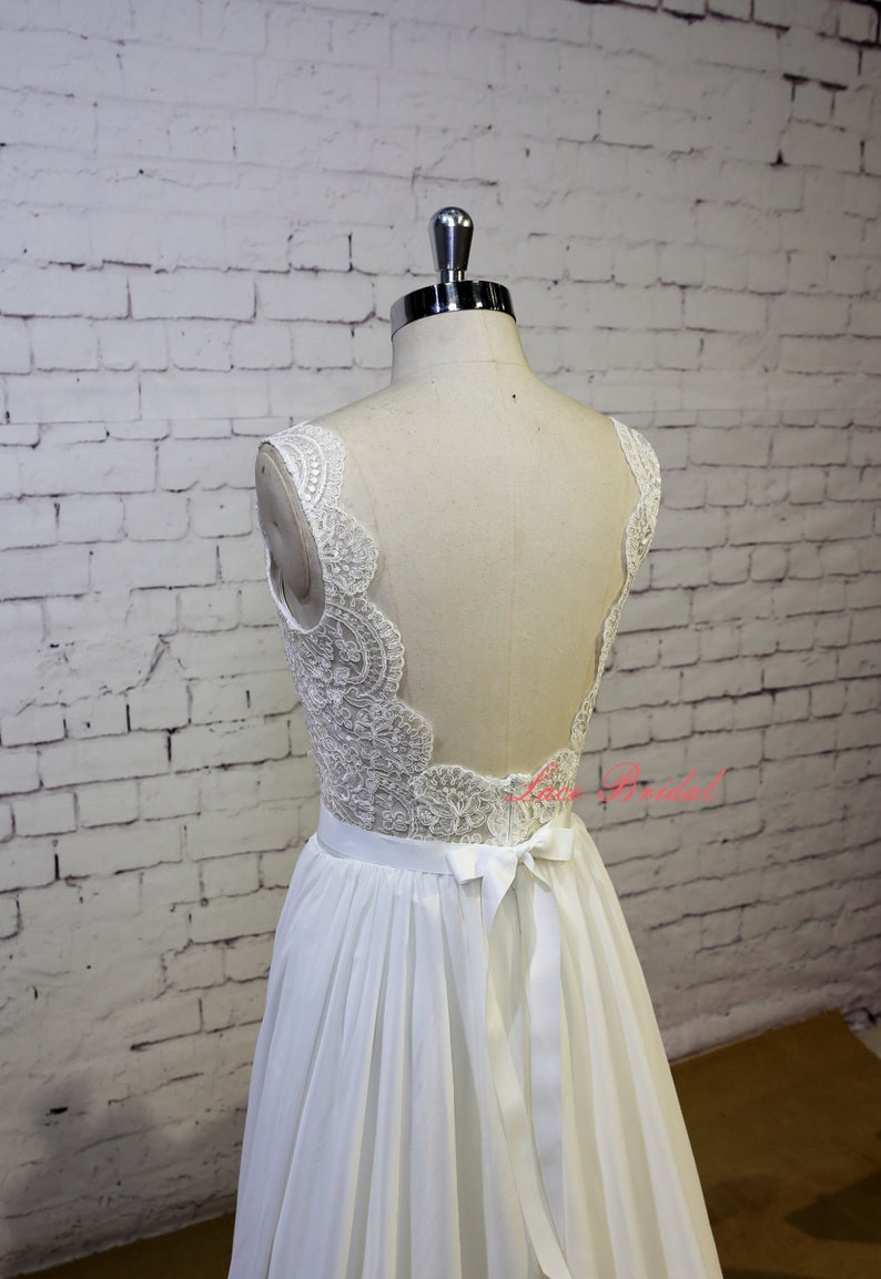 Exquisite Lace Wedding Dress V Shape Lace Neckline Wedding Gown Ivory A-line Bridal Gown Backless Chiffon Wedding Dress with Chapel Train image 3