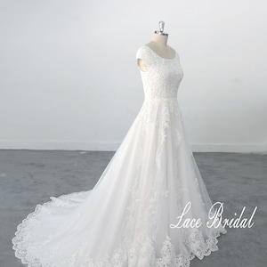 Lace Wedding Dress with Boat Neckline, Ivory A-line Wedding Dress, Elegant Lace Wedding Dress with Chapel Train