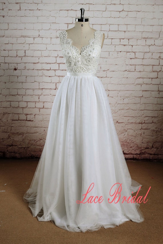 a line wedding dress with tulle skirt