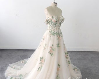 Green Lace Tulle Gown - Off-Shoulder Deep V Forest Wedding