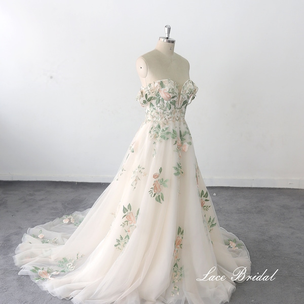 Vestido de tule com renda verde - Decote ombro a ombro em V profundo para casamento na floresta