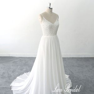 Simple Ivory A-line Chiffon custom wedding dress  Lace Wedding Dress, Spaghetti Straps Wedding Dress with Deep Neckline