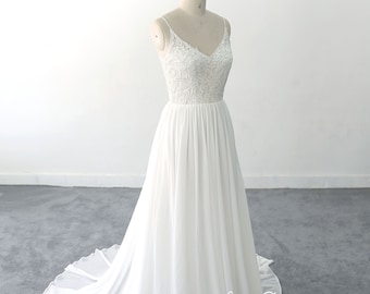 Simple Ivory A-line Chiffon custom wedding dress  Lace Wedding Dress, Spaghetti Straps Wedding Dress with Deep Neckline