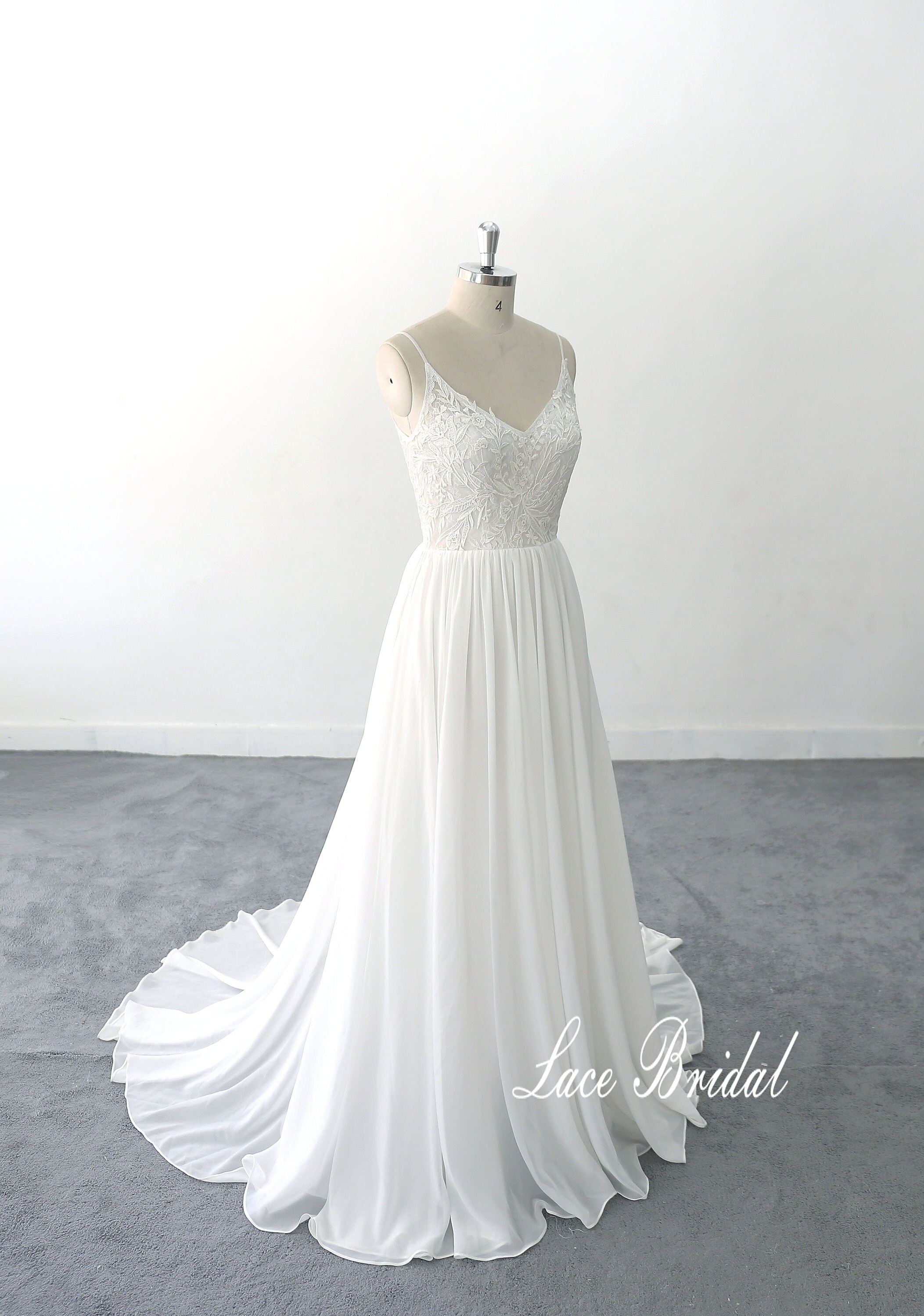 dress lace top chiffon bottom Ivory A-Line Chiffon Wedding Dress, Lace Bodice, Spaghetti Straps