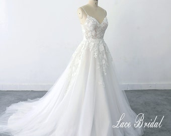 Custom made A-line tulle lace wedding dress, soft lace wedding dress with open back, summer bridal gown with spaghetti straps