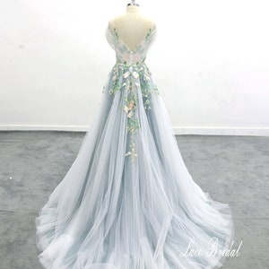 Forest Fairy Wedding Dress, Off Shoulder Sleeve Flowing Wedding Dress Green Lace Wedding Dress Green Lined Wedding Dress image 2
