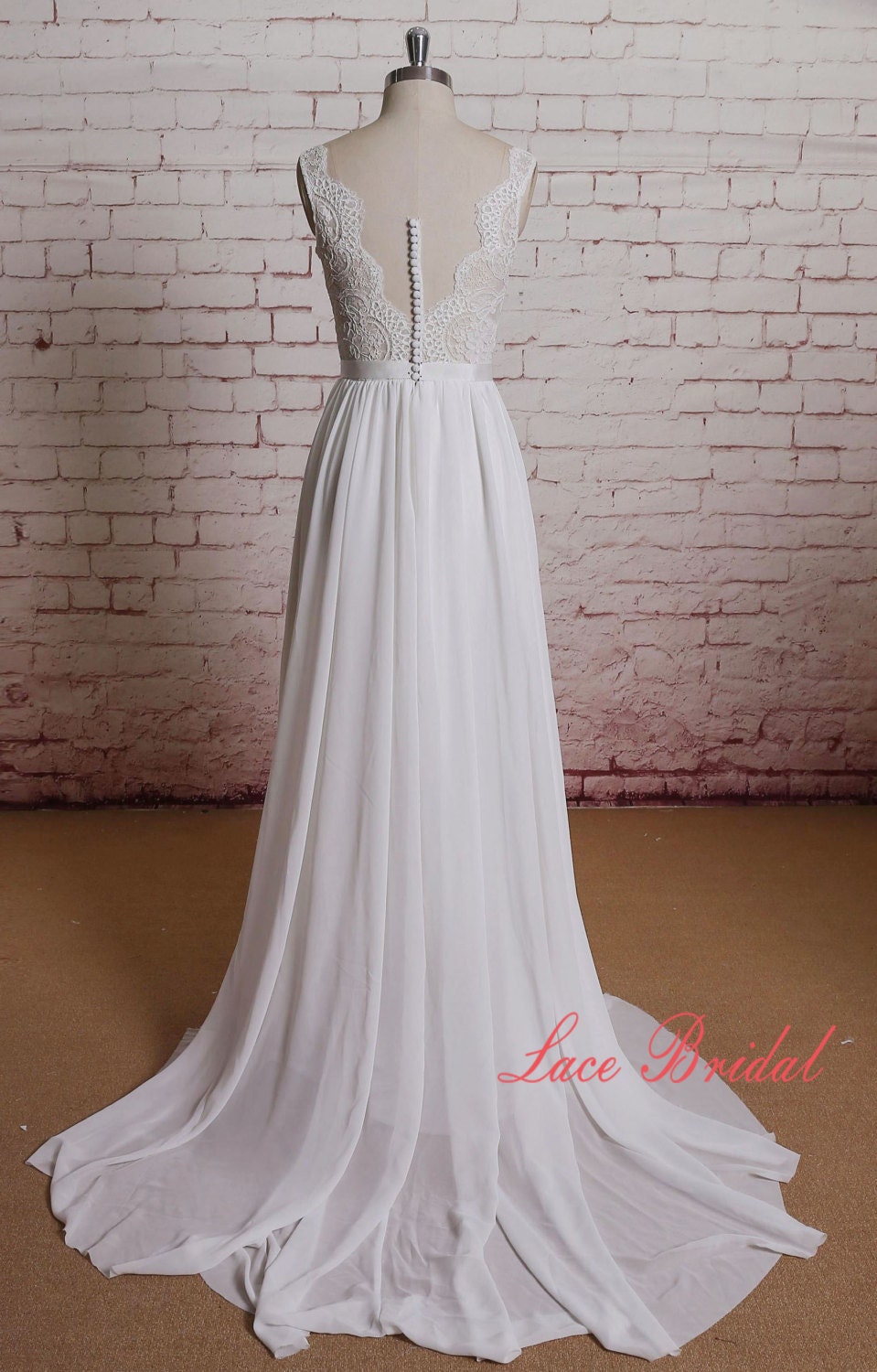 Sheer Ivory Lace Bodice Wedding Dress With A-line Chiffon - Etsy