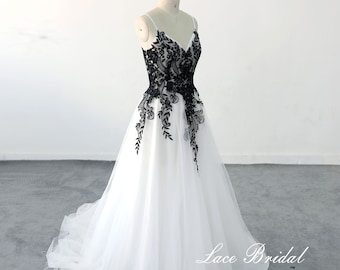 spaghetti strap black wedding dress  Unique black and white wedding dresses, tailor-made wedding dresses