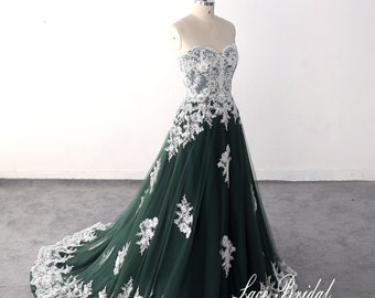 Heart-Shaped Strapless Wedding Dress, Ivory Lace & Green Tulle Color Block Bridal Gown