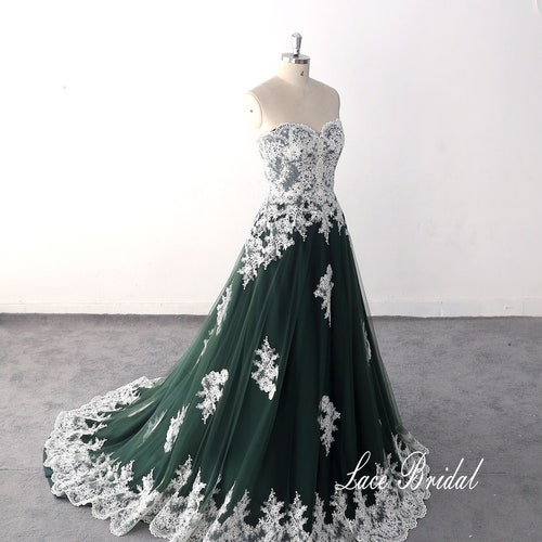 Heart-Shaped Strapless Wedding Dress, Ivory Lace & Green Tulle Color Block Bridal Gown