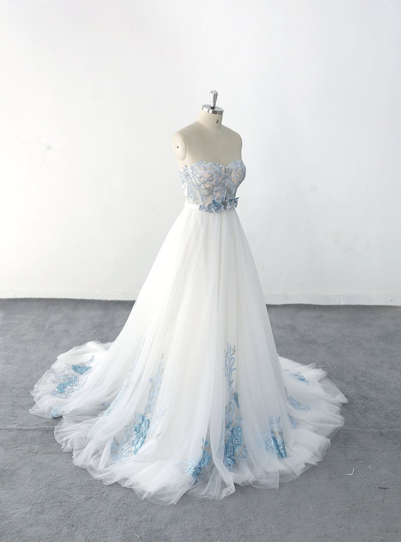 Lace Wedding Dress Aline Dusty Blue Lace Wedding Dress Boho Etsy