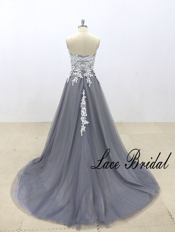Dark Gray Tulle Wedding Dress Ivory Lace Wedding Dress With Etsy