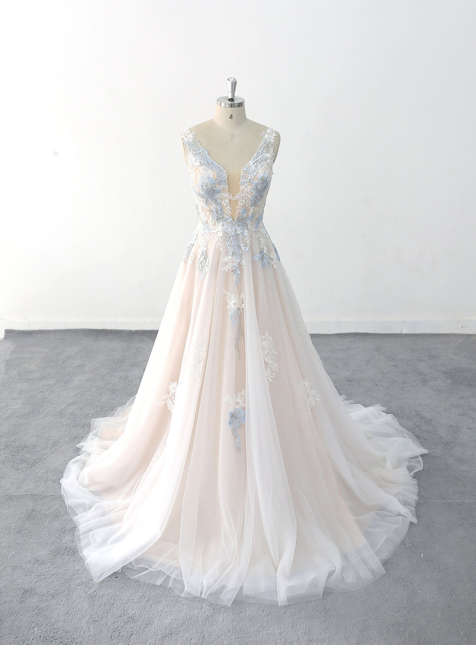 A-line Dusty Blue Lace Wedding Dress Boho Wedding Gown Deep V - Etsy