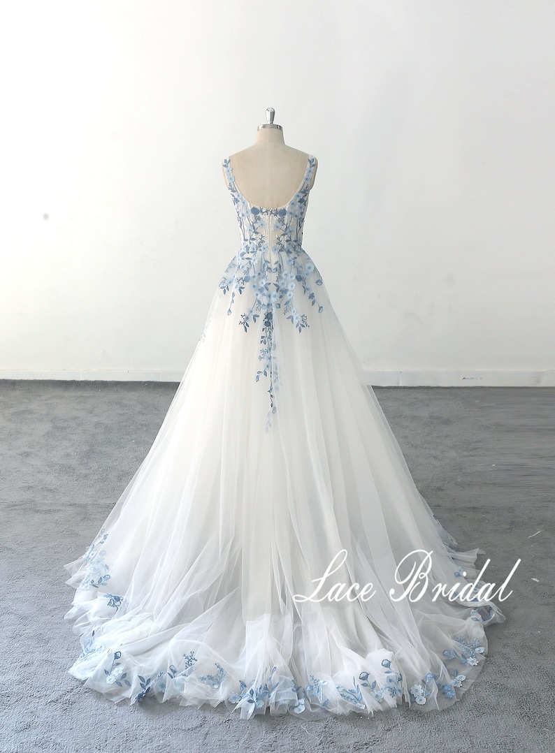 Customized wedding dress blue lace wedding dress Romantic light wedding dress with straps image 4