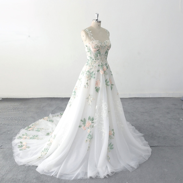 Green Ivory Lace Bridal Gown - Double Straps - Enchanting Forest Outdoor Wedding Dress