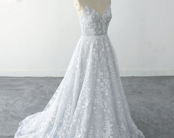 Floral Lace Wedding Dress lace wedding dress with plunging V neck, light dusty blue tulle wedding dress, spaghetti straps wedding dress