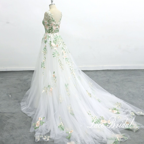 Green Lace Forest Fairy Wedding Dress, Cathedral Train Green Lace Forest Fairy Wedding Dress, Cathedral Train