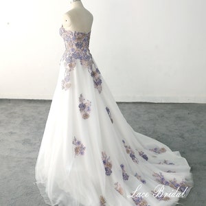 Custom Romantic Strapless Wedding Dress, Pink Purple Beaded Lace Bridal Gown