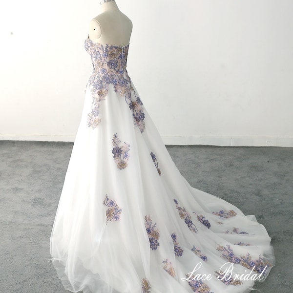 Robe de mariée personnalisée Robe de mariée A-ligne robe de mariée en dentelle colorée robe de mariée en dentelle rose et violette Robe de mariée romantique