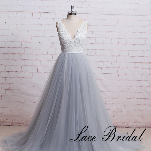 Light Blue Boho Wedding Dress With Floral Lace Applique V Back Etsy