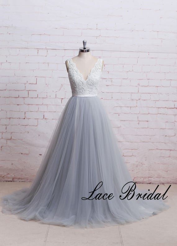 A Line Boho Wedding Dress With Sheer V Cut Back Dusty Blue Tulle