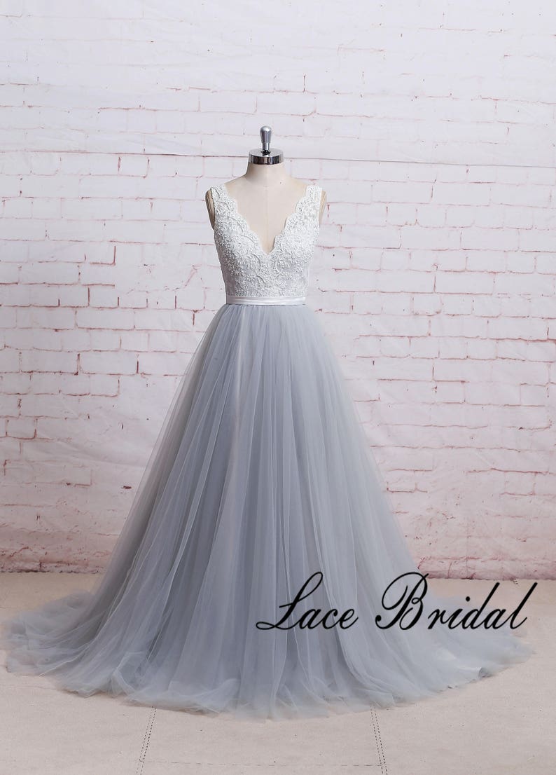 A Line Boho Wedding Dress with Sheer V Cut Back Dusty Blue Tulle Wedding Dress with Ribbon Lace Wedding Dress with Beadings 