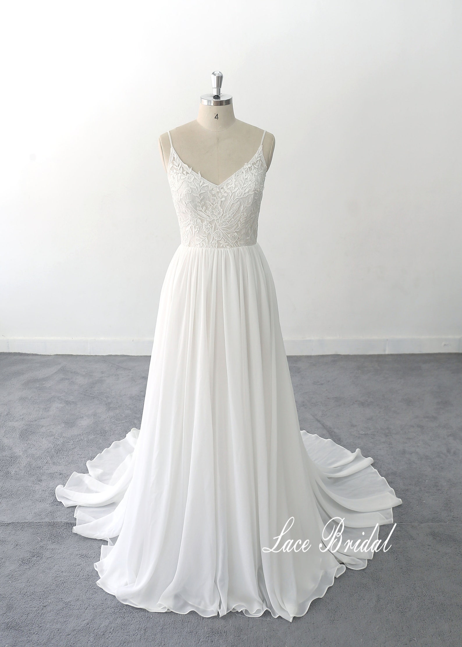 Ivory Lace Bodice Chiffon Dress with Slit Coral Plus Size
