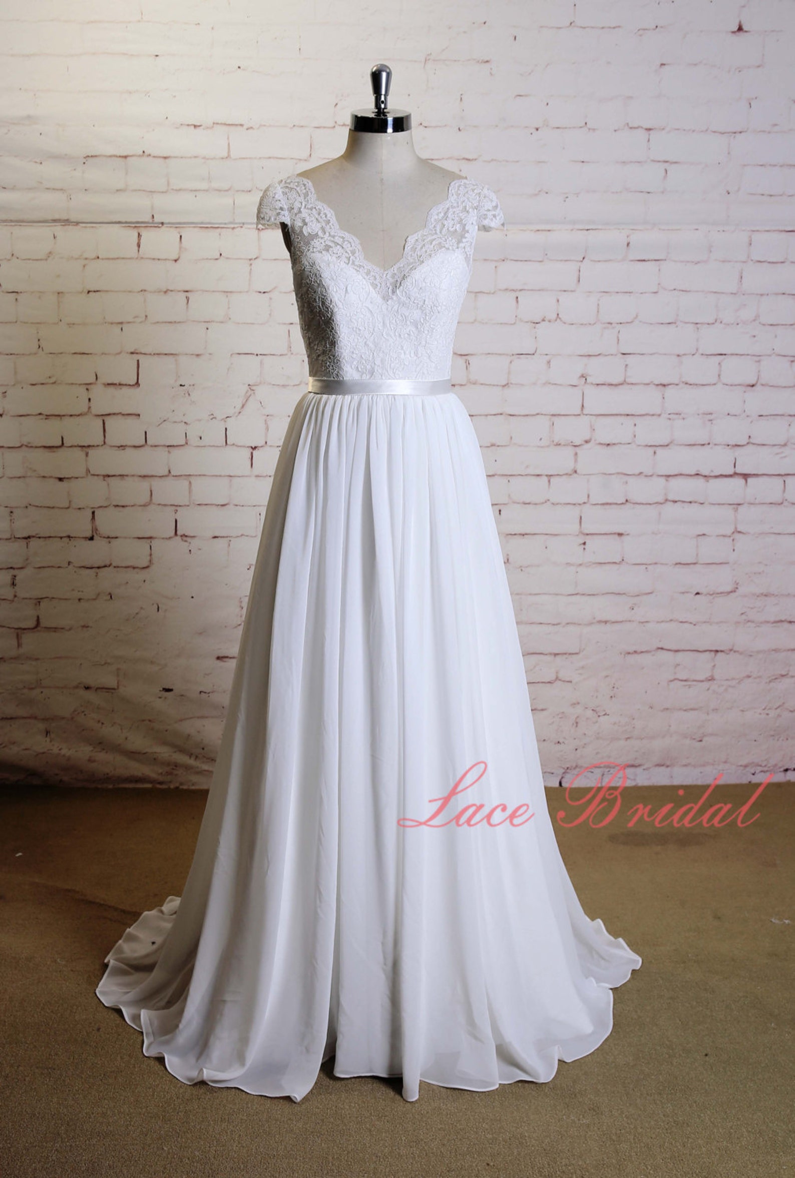 Custom Wedding Dress With Cap Sleeves Aline Chiffon Bridal Etsy
