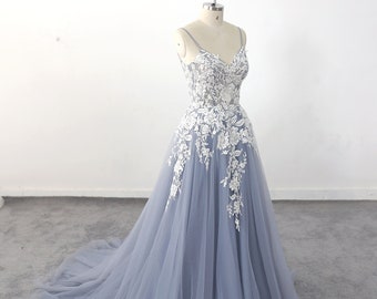 A-line Dusty Blue Tulle Lace wedding dress, Romantic Lace Wedding Gown, Bohomian wedding Gown with Open Back