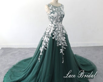 Bohomian wedding Gown  A-line dark green wedding dress, Romantic Lace Wedding Gown,