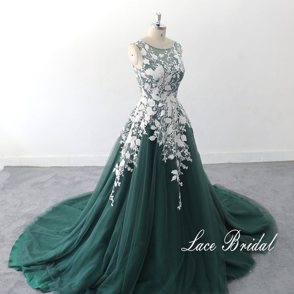 Bohomian wedding Gown  A-line dark green wedding dress, Romantic Lace Wedding Gown,