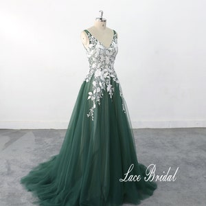 lace wedding dress , dark green tulle wedding gown, full length delicate dress, ball gown wedding dress