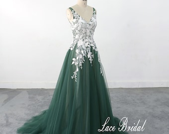 lace wedding dress , dark green tulle wedding gown, full length delicate dress, ball gown wedding dress