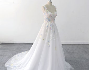 Colorful Lace Strap Wedding Dress A-Line Wedding Dress, Boho Wedding Gown Sexy Corset Sheer Wedding Dress