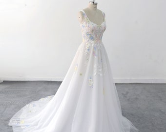 Bohemian Style Double Shoulder Strap Wedding Dress, Colorful Lace Bridal Gown