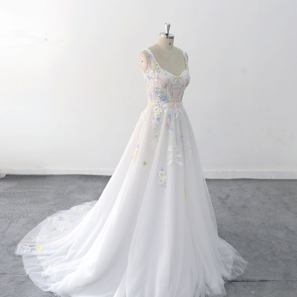 Bohemian Style Double Shoulder Strap Wedding Dress, Colorful Lace Bridal Gown