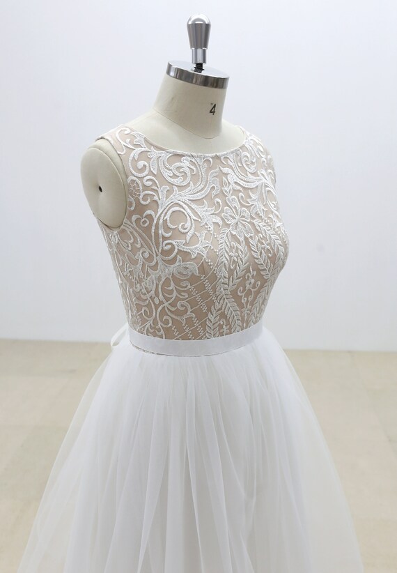 Knee Length Lace Wedding Dress With Tulle Skirt Short Wedding Dress With Bateau Neckline Beach Wedding Dress Summer Wedding Dress