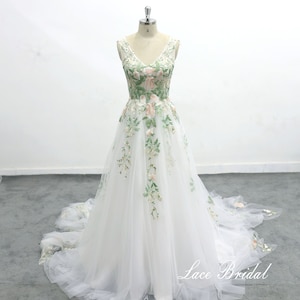 Forest Fairy Wedding Dress, Green Lace Wedding cathedral wedding dress romantic forest wedding wedding dress image 4