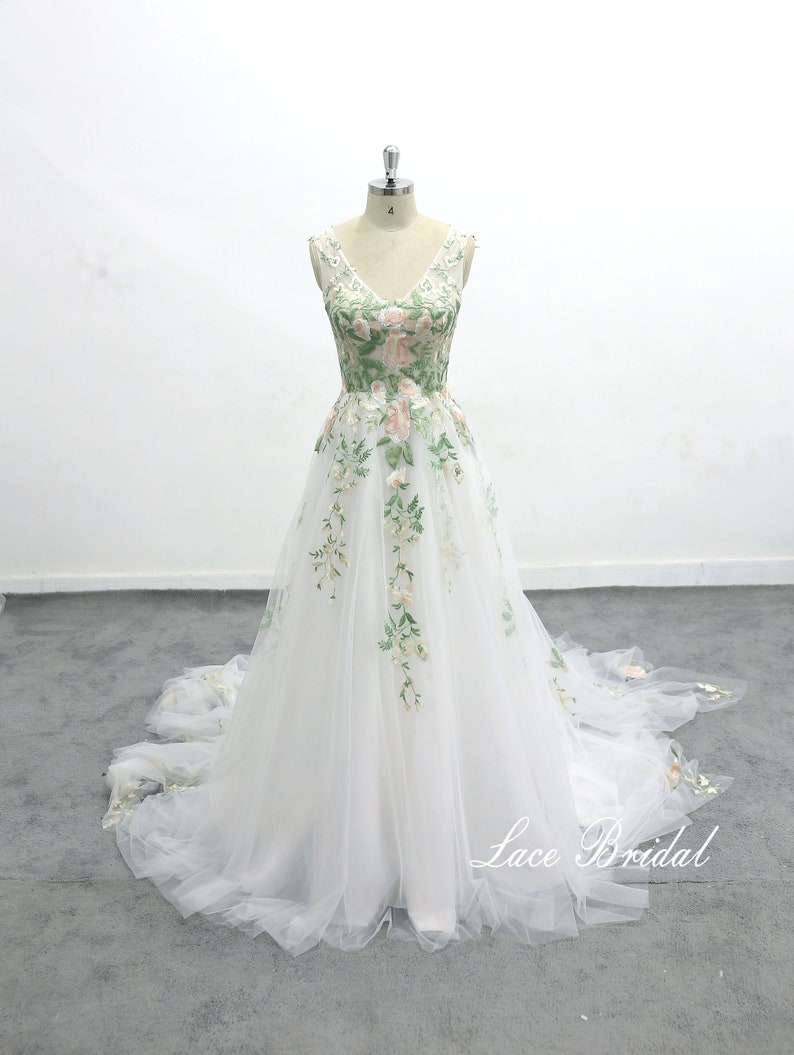 Forest Fairy Wedding Dress Green Lace Wedding Cathedral - Etsy