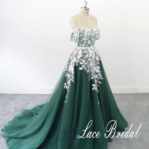 Lace Wedding Dress Dark Green Tulle Wedding Gown Full Etsy
