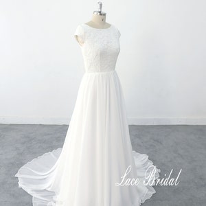Ivory A-line chiffon lace wedding dress, simple boho wedding gown with cap sleeves
